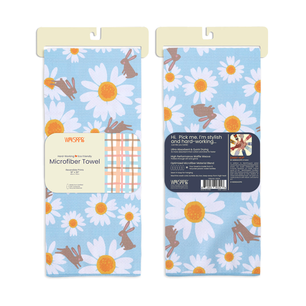 daisy hop, bunnies, floral, eco-friendly microfiber towels, ultra-absorbent, quick drying
best kitchen towels, microfiber tea towels, artist designed kitchen towels 