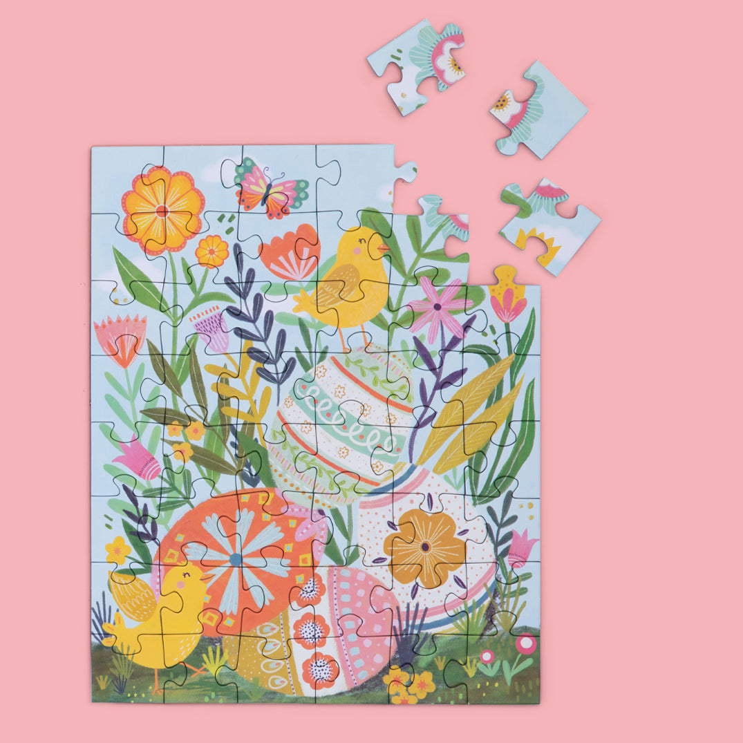 Art by Kenzie Kae Elston, easter graden puzzle, 48 piece puzzle for kids, mini puzzle,artist designed puzzles, easter eggs, spring