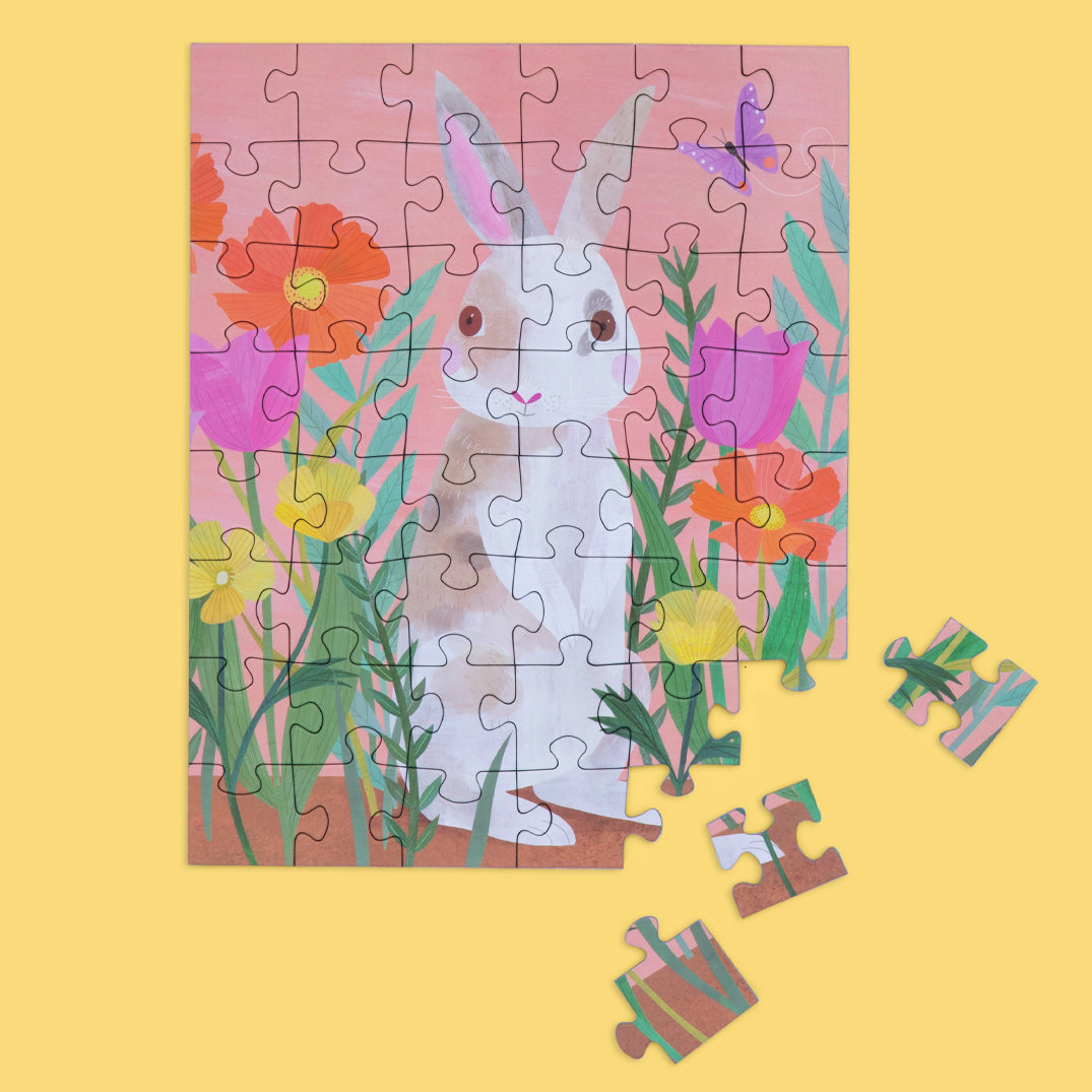 Art by Melanie Mikecz, bunny patch 48 piece puzzle snax, travel size puzzles, gifts for kids,artist designed puzzles, animal puzzle