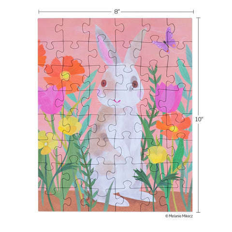 Art by Melanie Mikecz, bunny patch 48 piece puzzle snax, travel size puzzles, gifts for kids,artist designed puzzles, animal puzzle