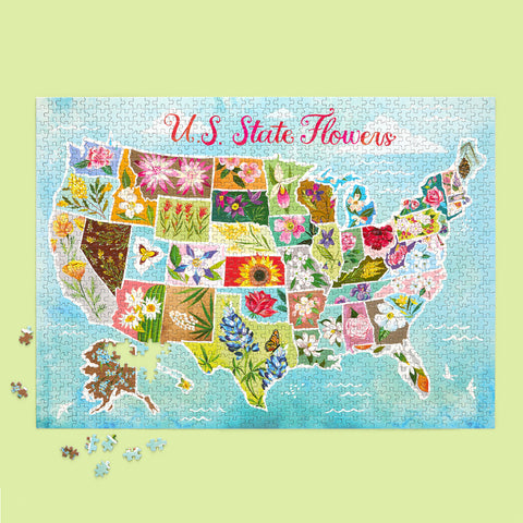 Art by Katie Daisy, US state flowers 1000 piece jigsaw puzzle, artist designed puzzles, unique puzzles