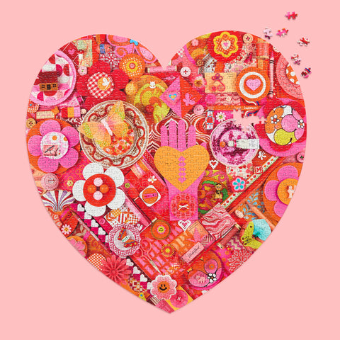 Heart Collage 1000 Piece Puzzle, art by Shelley Davies, heart-shaped puzzle, unique shaped jigsaw puzzle, valentines day, artist designed puzzles