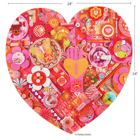 Heart Collage 1000 Piece Puzzle, art by Shelley Davies, heart-shaped puzzle, unique shaped jigsaw puzzle, valentines day, artist designed puzzles