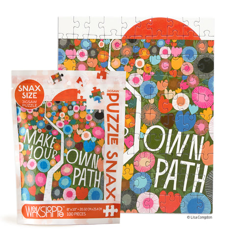 Make Your Own Path 100 Piece Puzzle Snax, art by Lisa Congdon, colorful floral puzzle, travel size puzzles, gifts for kids