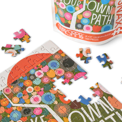 Make Your Own Path 100 Piece Puzzle Snax, art by Lisa Congdon, colorful floral puzzle, travel size puzzles, gifts for kids