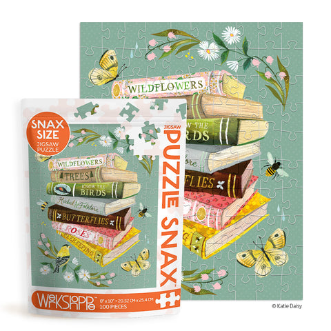 Nature's Bestsellers 100 Piece Puzzle Snax, art by katie daisy, nature books, puzzles for beginners, jigsaw puzzles for kids