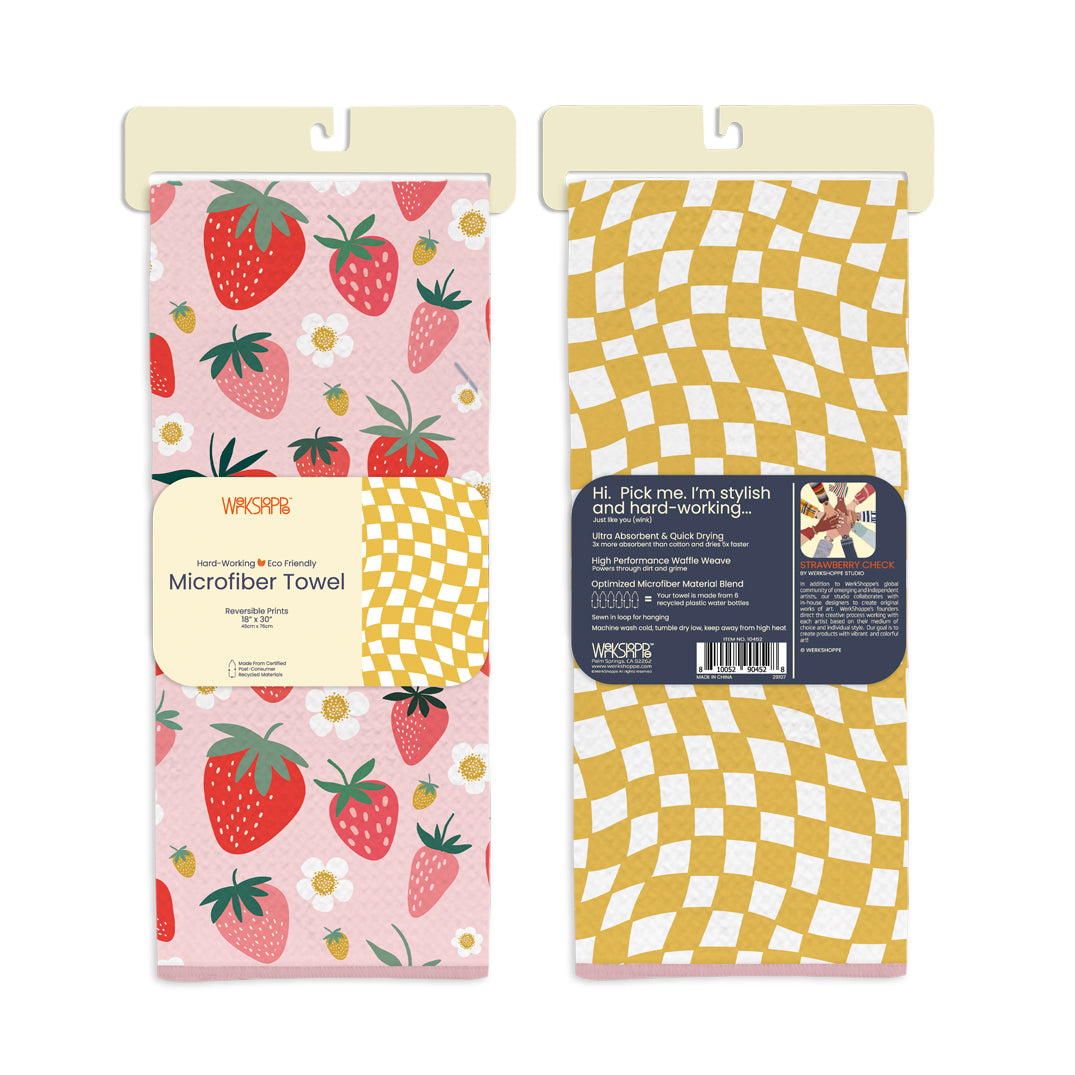 Strawberry Check Microfiber Kitchen Towel, checkered pattern, strawberries, best kitchen towels, reversible microfiber towels, artistic kitchen towels, kitchen towels