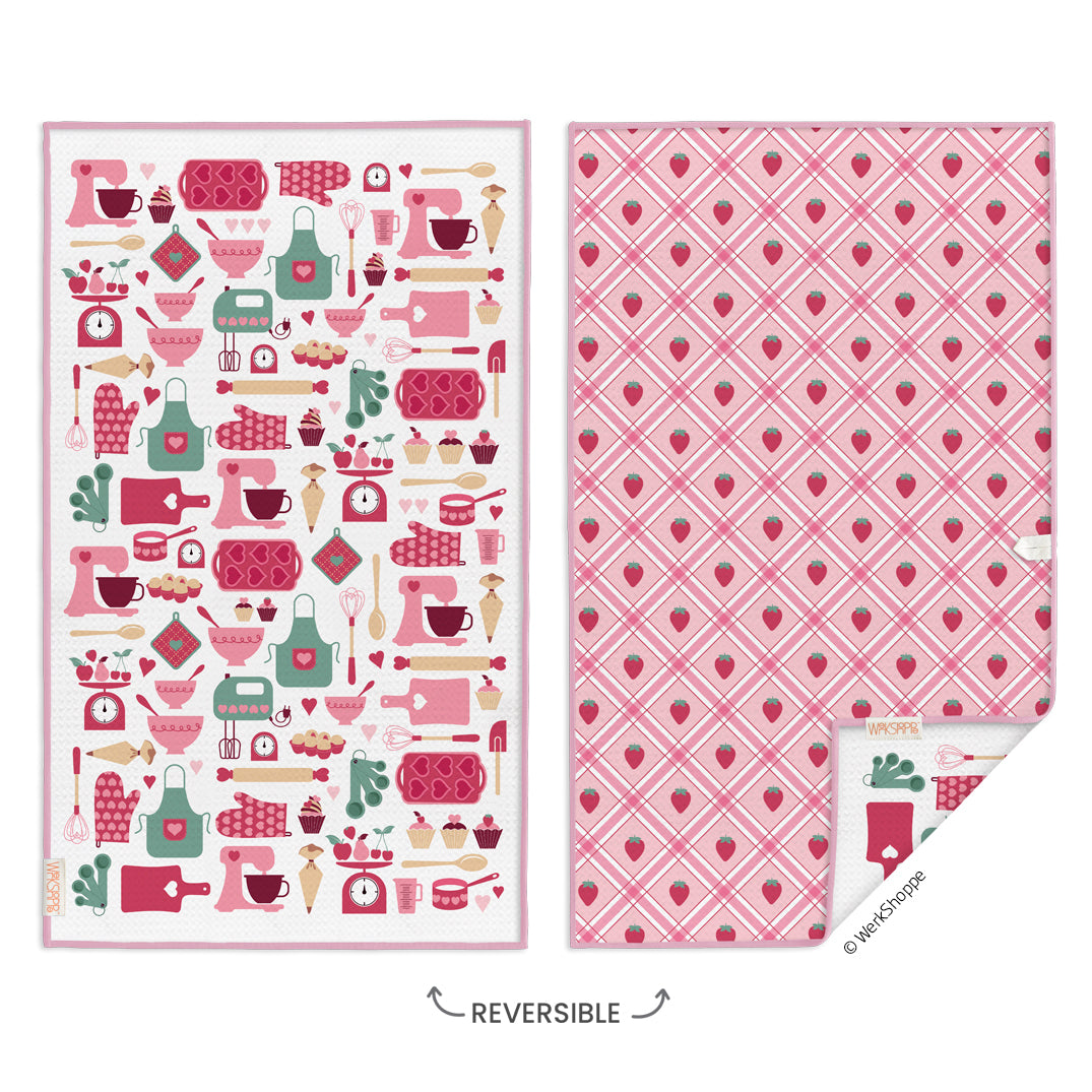 baked with love, reversible microfiber towels, artistic kitchen towels, kitchen towels, strawberries
eco-friendly microfiber towels, ultra-absorbent, quick drying, pink, baking lovers