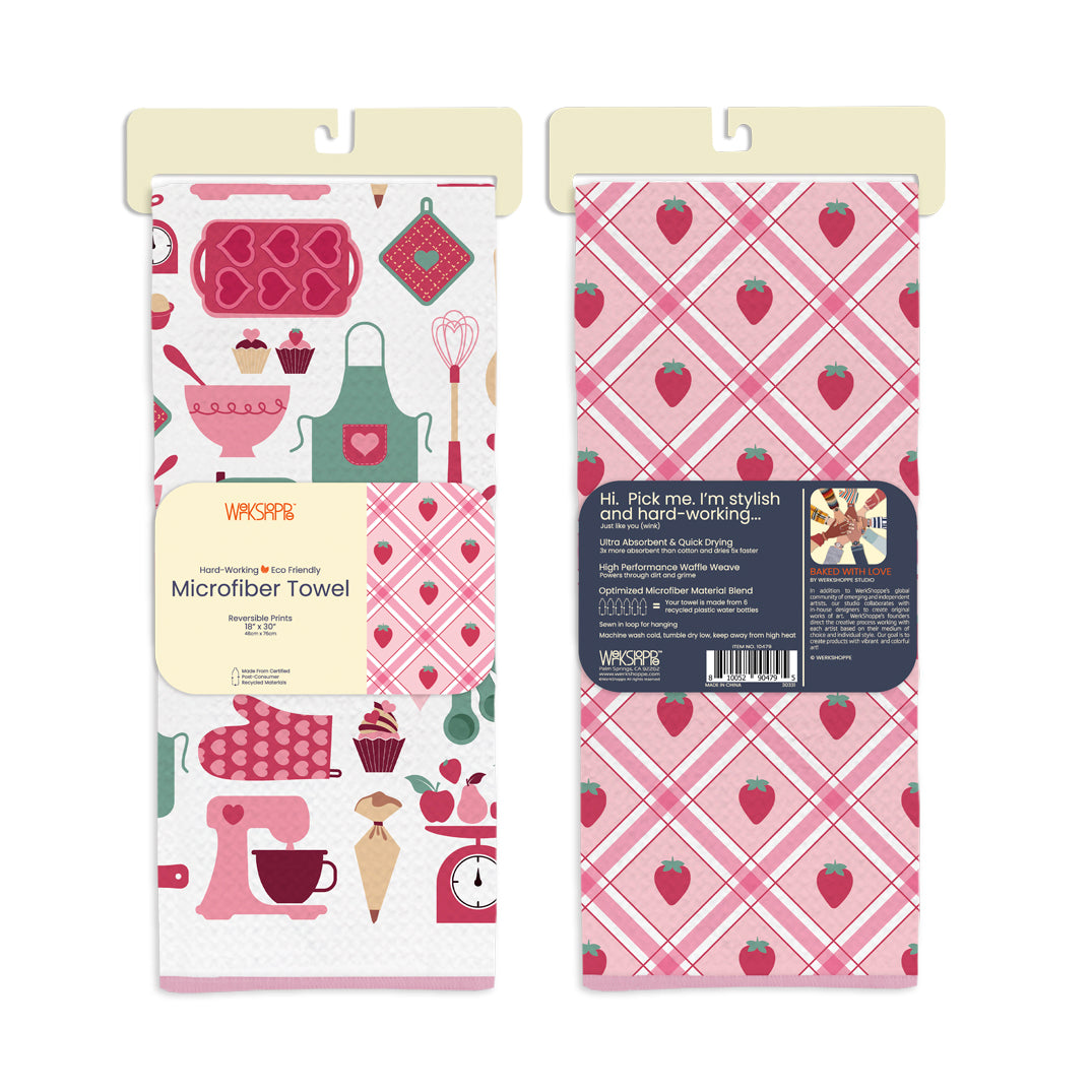 baked with love, reversible microfiber towels, artistic kitchen towels, kitchen towels
eco-friendly microfiber towels, ultra-absorbent, quick drying, pink, baking lovers