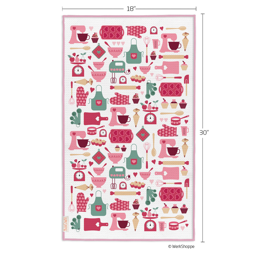 baked with love, reversible microfiber towels, artistic kitchen towels, kitchen towels
eco-friendly microfiber towels, ultra-absorbent, quick drying, pink, baking lovers