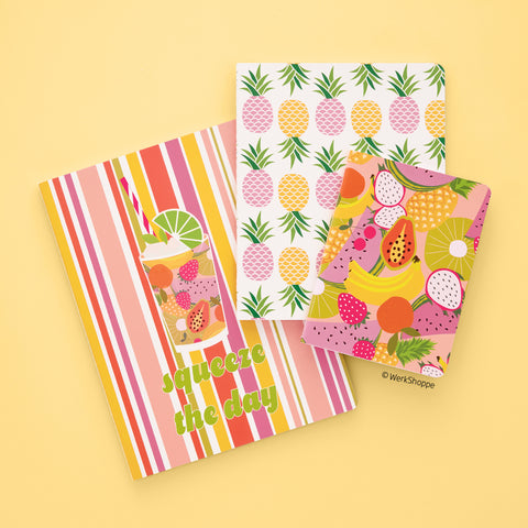 Squeeze The Day Stitched Notebook Set, pineapple print, tropical fruit pattern, notebook gift set, notebook paper, cute notebooks, small notebook, journal notebook, journal set, sewn notepads