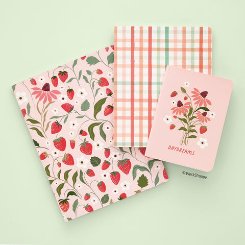 Strawberry Daydreams Stitched Notebook Set, notebook gift set, notebook paper, cute notebooks, small notebook, journal notebook, journal set, sewn notepads, cute journals