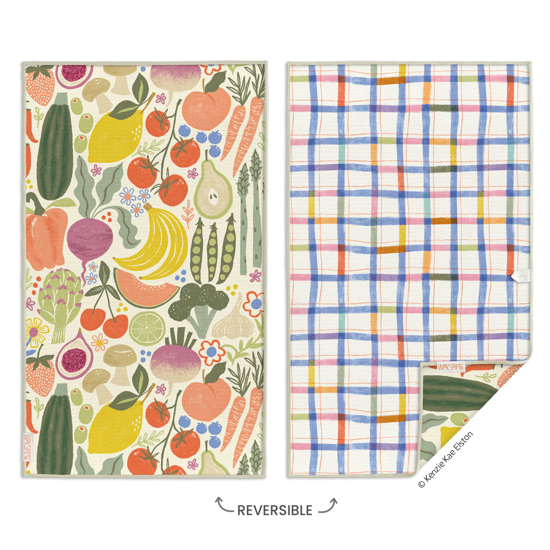 Art by Kenzie Kae Elston, farm stand microfiber kitchen towel, reversible microfiber towels, artistic kitchen towels, kitchen towels
eco-friendly microfiber towels, ultra-absorbent, quick drying