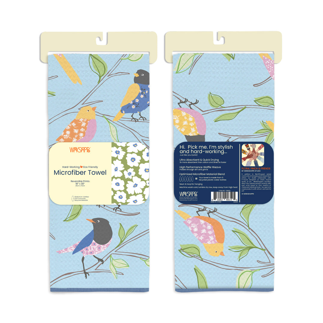 Floral Finch & Friends Microfiber Towel, reversible microfiber towels, artistic kitchen towels, kitchen towels
eco-friendly microfiber towels, ultra-absorbent, quick drying