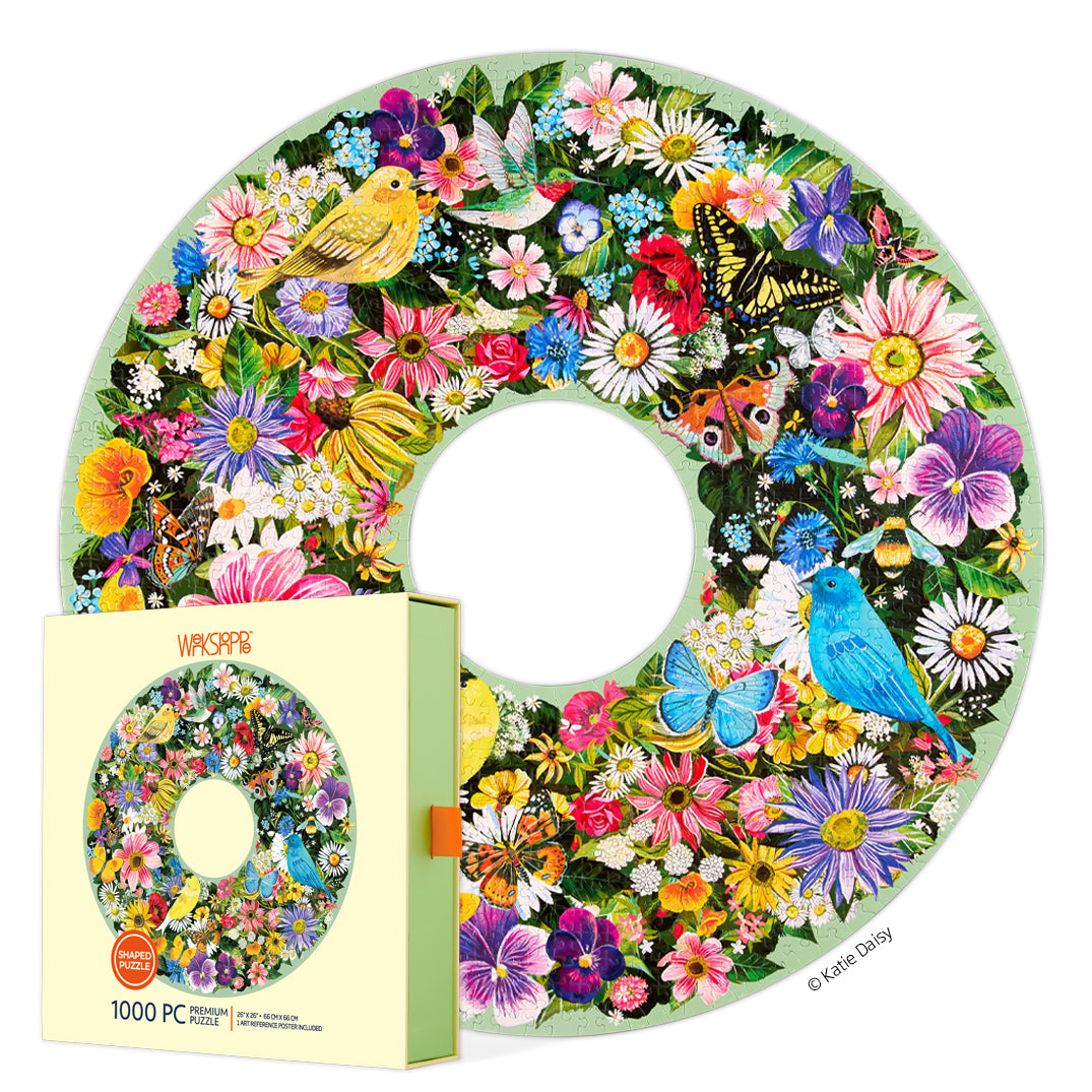 Spring Floral Wreath 1000 Piece Puzzle, art by Katie Daisy, round shaped jigsaw puzzle, unique puzzles for sale, flowers & birds