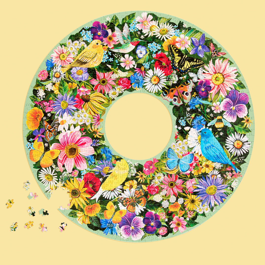 Spring Floral Wreath 1000 Piece Puzzle, art by Katie Daisy, round shaped jigsaw puzzle, unique puzzles for sale, flowers & birds