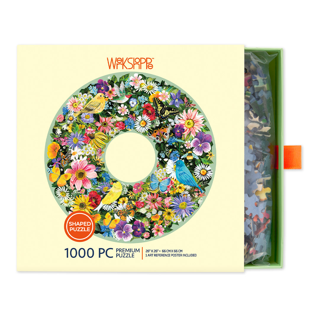 Spring Floral Wreath 1000 Piece Puzzle, art by Katie Daisy, round shaped jigsaw puzzle, unique puzzles for sale, flowers & birds