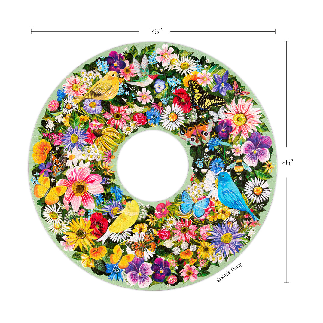 Spring Floral Wreath 1000 Piece Puzzle, art by Katie Daisy, round shaped jigsaw puzzle, unique puzzles for sale, flowers & birds