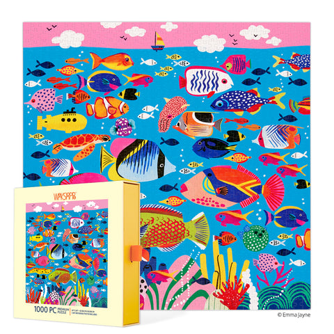 Colorful Ocean 1000 Piece Puzzle, art by Emma Jayne, underwater scene, fish jigsaw puzzle, unique jigsaw puzzles