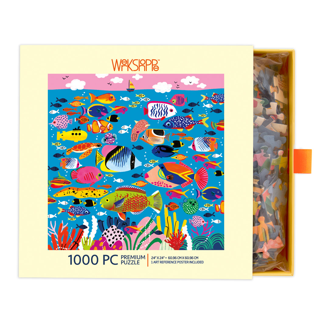 Colorful Ocean 1000 Piece Puzzle, art by Emma Jayne, underwater scene, fish jigsaw puzzle, unique jigsaw puzzles