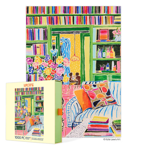 Books & Bouquets 1000 Piece jigsaw Puzzle, art by kate lewis, puzzles for adults, colorful puzzle artwork, unique 1000 piece puzzles