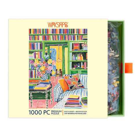 Books & Bouquets 1000 Piece jigsaw Puzzle, art by kate lewis, puzzles for adults, colorful puzzle artwork, unique 1000 piece puzzles