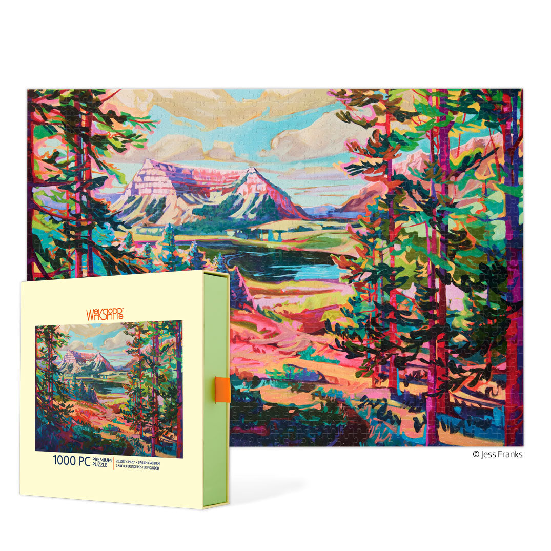 Valley View 1000 Piece Puzzle, art by Jess Franks, scenic view jigsaw puzzle, artist designed puzzzles, coloful vibrant puzzles for sale