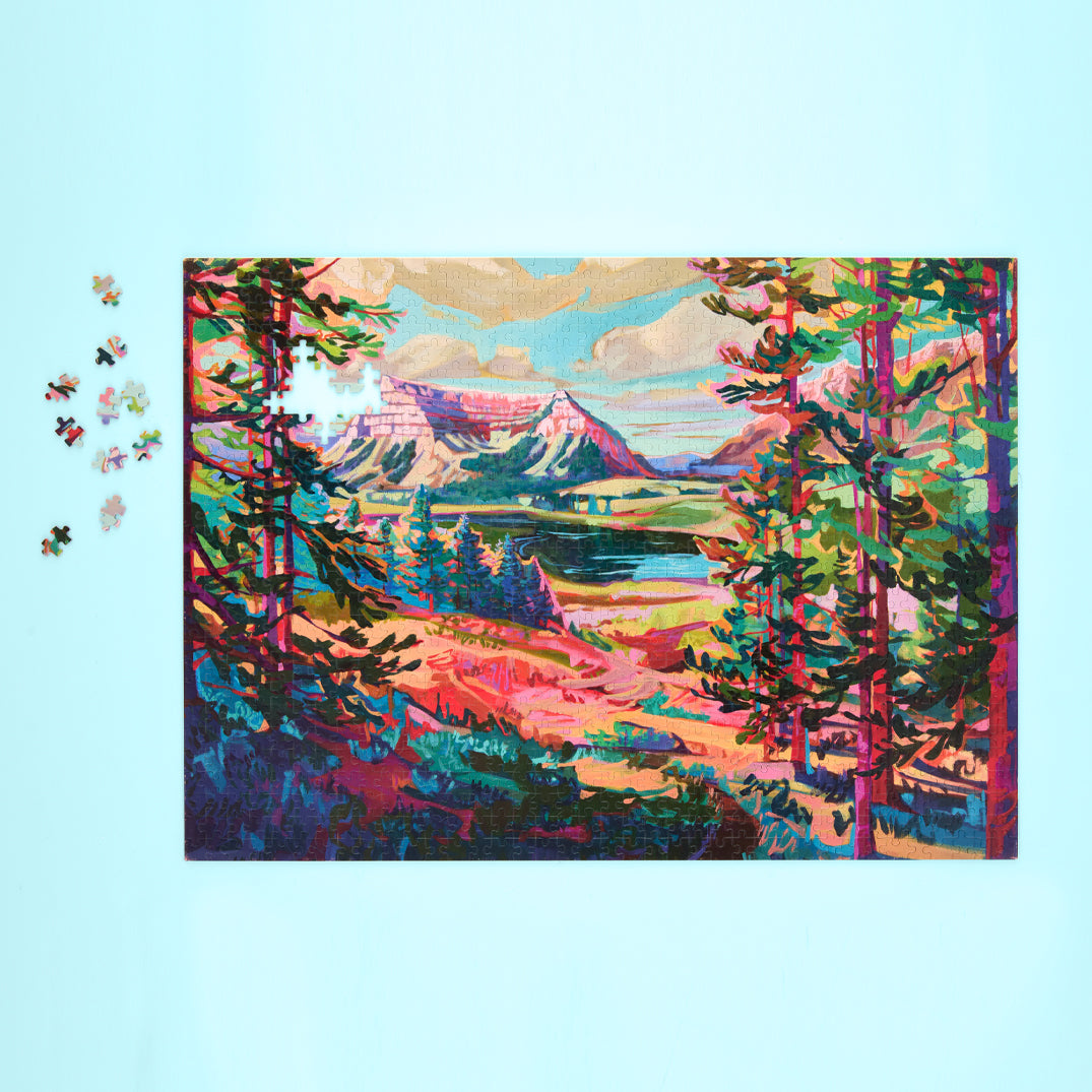 Valley View 1000 Piece Puzzle, art by Jess Franks, scenic view jigsaw puzzle, artist designed puzzzles, coloful vibrant puzzles for sale