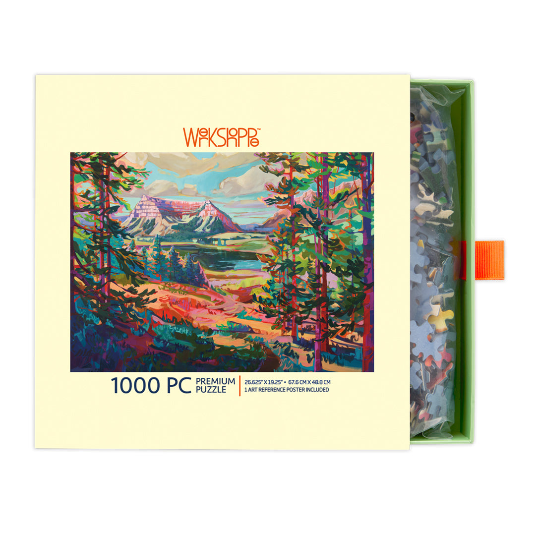 Valley View 1000 Piece Puzzle, art by Jess Franks, scenic view jigsaw puzzle, artist designed puzzzles, coloful vibrant puzzles for sale