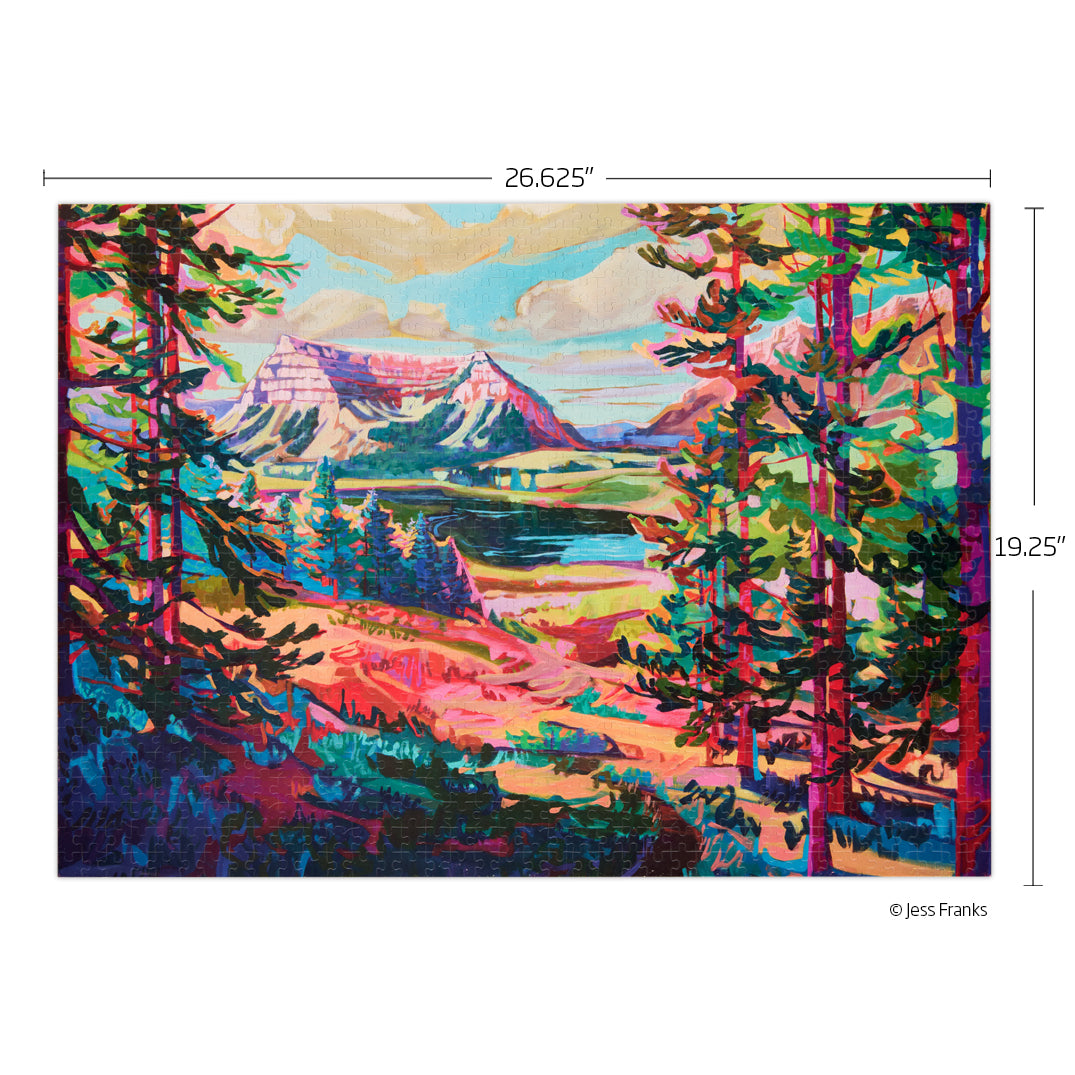 Valley View 1000 Piece Puzzle, art by Jess Franks, scenic view jigsaw puzzle, artist designed puzzzles, coloful vibrant puzzles for sale