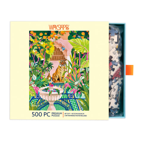 Peaceful Oasis 500 Piece Puzzle, art by Nolwenn Denis, tiger jungle landscape puzzle, artist designed puzzles, unique puzzles