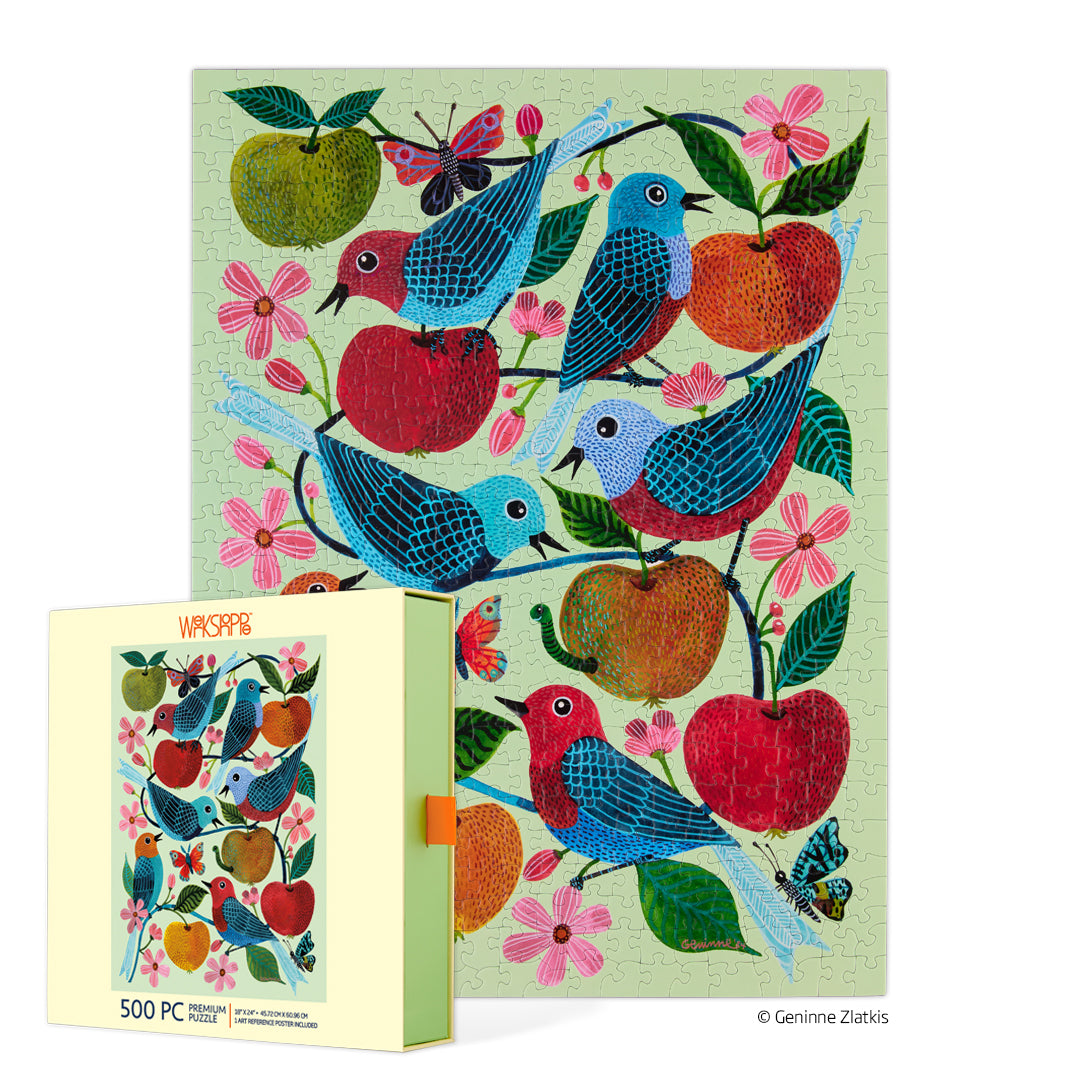 Art by Geninne Zlatkis, apple orchard & birds 500 piece jigsaw puzzle, artist designed puzzles, unique puzzles for sale