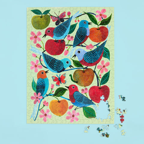 Art by Geninne Zlatkis, apple orchard & birds 500 piece jigsaw puzzle, artist designed puzzles, unique puzzles for sale