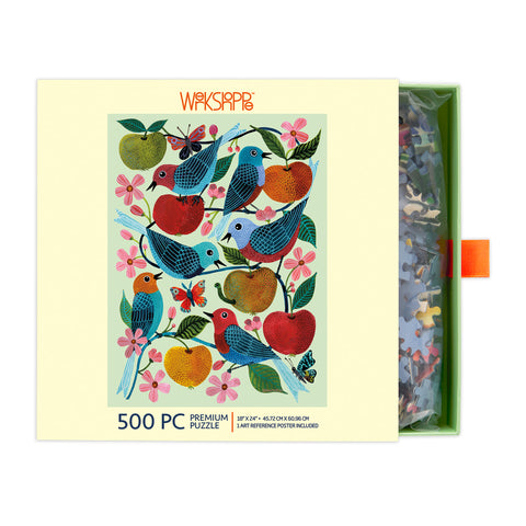 Art by Geninne Zlatkis, apple orchard & birds 500 piece jigsaw puzzle, artist designed puzzles, unique puzzles for sale