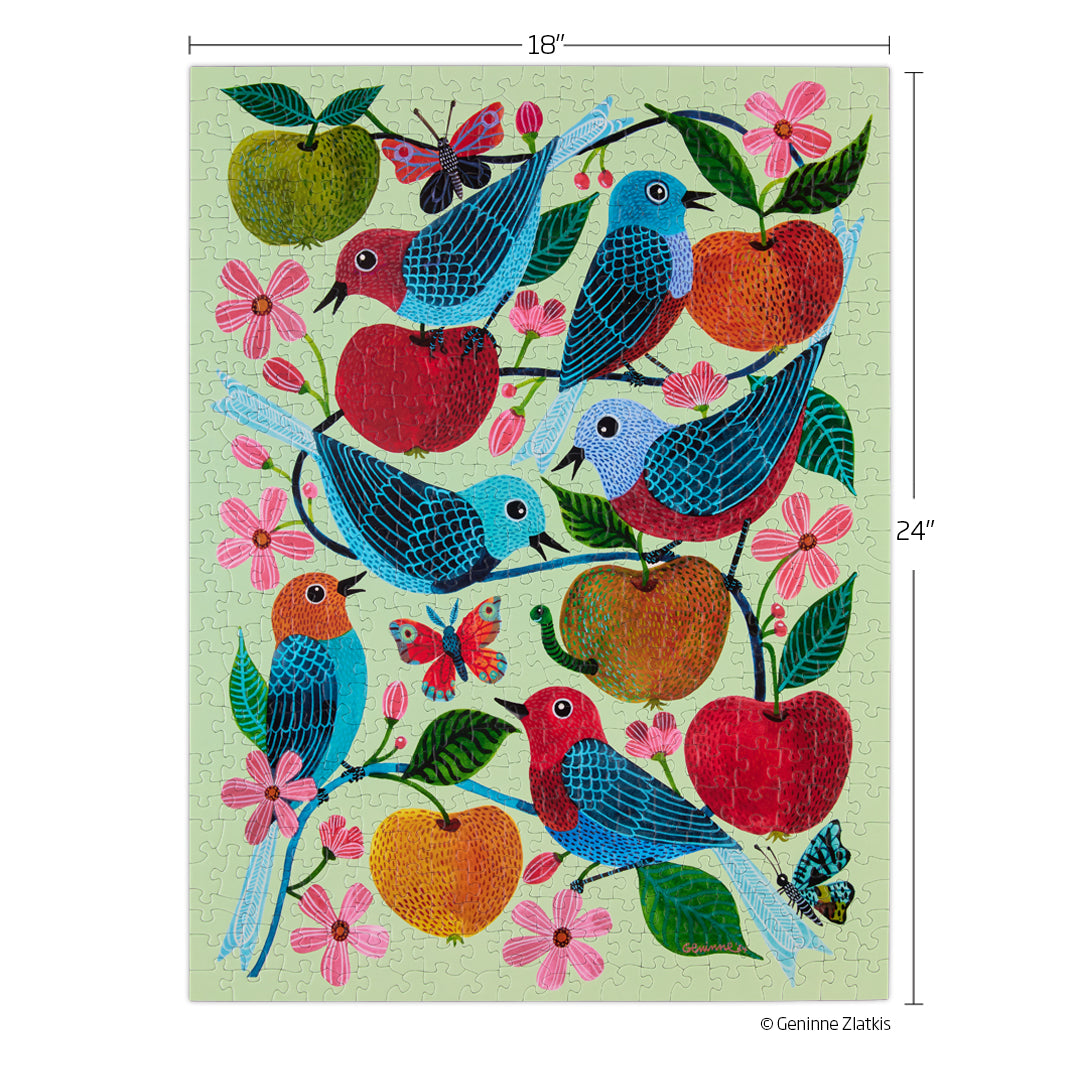 Art by Geninne Zlatkis, apple orchard & birds 500 piece jigsaw puzzle, artist designed puzzles, unique puzzles for sale