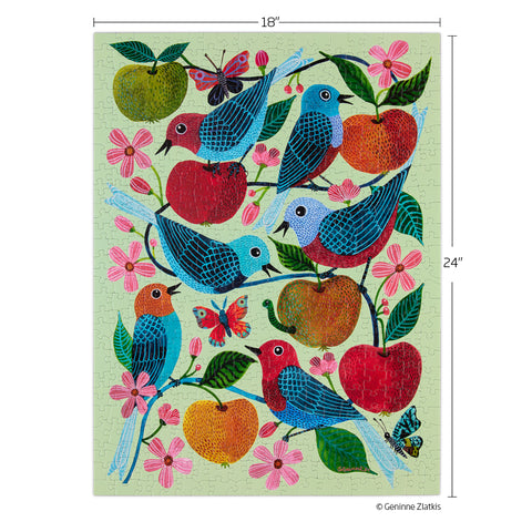 Art by Geninne Zlatkis, apple orchard & birds 500 piece jigsaw puzzle, artist designed puzzles, unique puzzles for sale