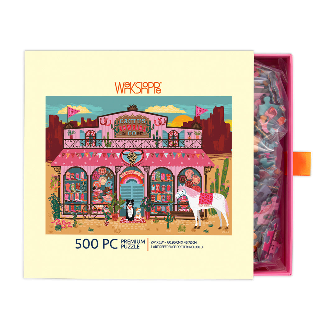 Cactus Cowgirl Co. 500 Piece Puzzle, art by helen black, jigsaw puzzles for adutls, desert cowgirl puzzle, artist designed puzzles, werkshoppe puzzles