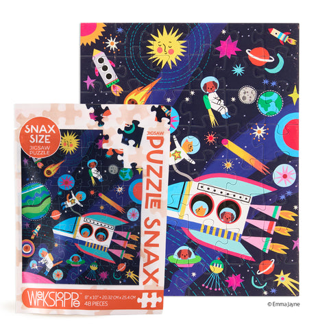 Pets In Space 48 Piece Puzzle Snax, art by emma jayne, dogs, cats, space jigsaw puzzle for kids, travel puzzles