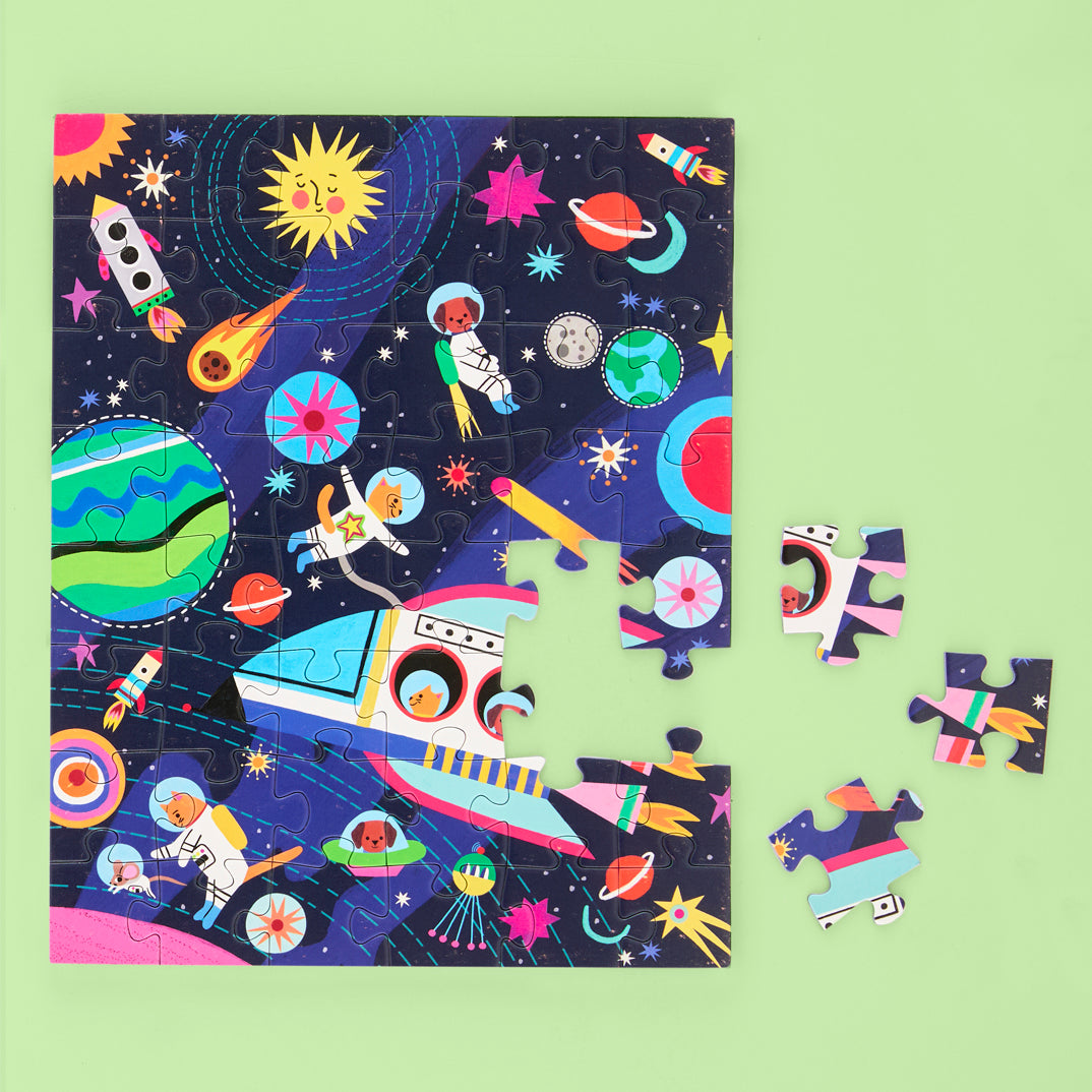 Pets In Space 48 Piece Puzzle Snax, art by emma jayne, dogs, cats, space jigsaw puzzle for kids, travel puzzles