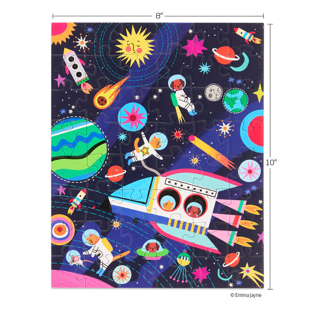 Pets In Space 48 Piece Puzzle Snax, art by emma jayne, dogs, cats, space jigsaw puzzle for kids, travel puzzles