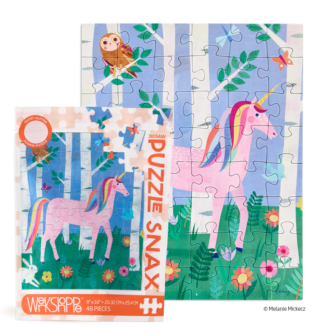 Unicorn Forest 48 Piece Puzzle Snax, art by melanie mikecz, magical unicorn puzzle for kids, travel size puzzles, gifts for kids