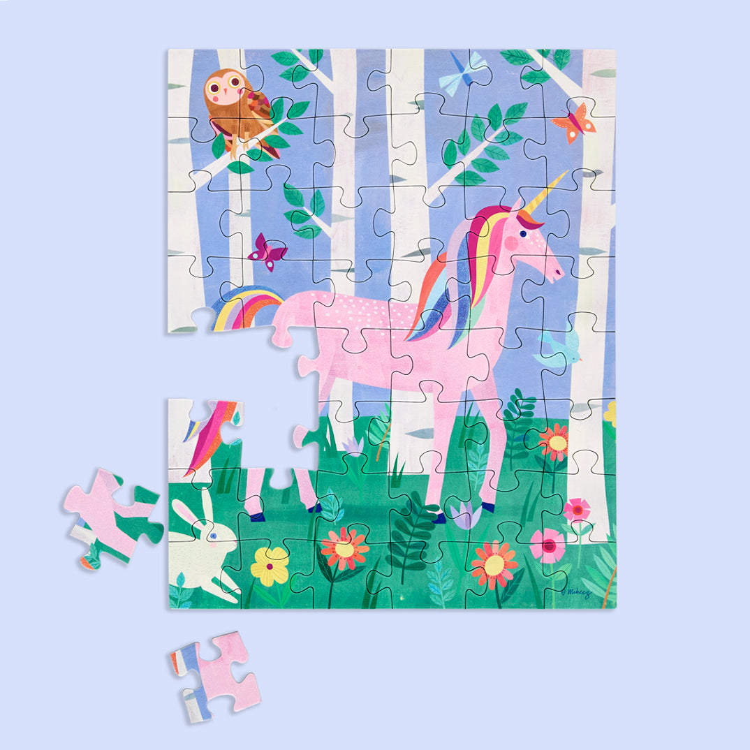 Unicorn Forest 48 Piece Puzzle Snax, art by melanie mikecz, magical unicorn puzzle for kids, travel size puzzles, gifts for kids