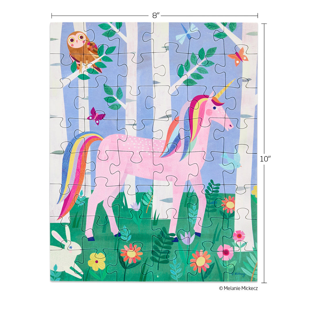 Unicorn Forest 48 Piece Puzzle Snax, art by melanie mikecz, magical unicorn puzzle for kids, travel size puzzles, gifts for kids