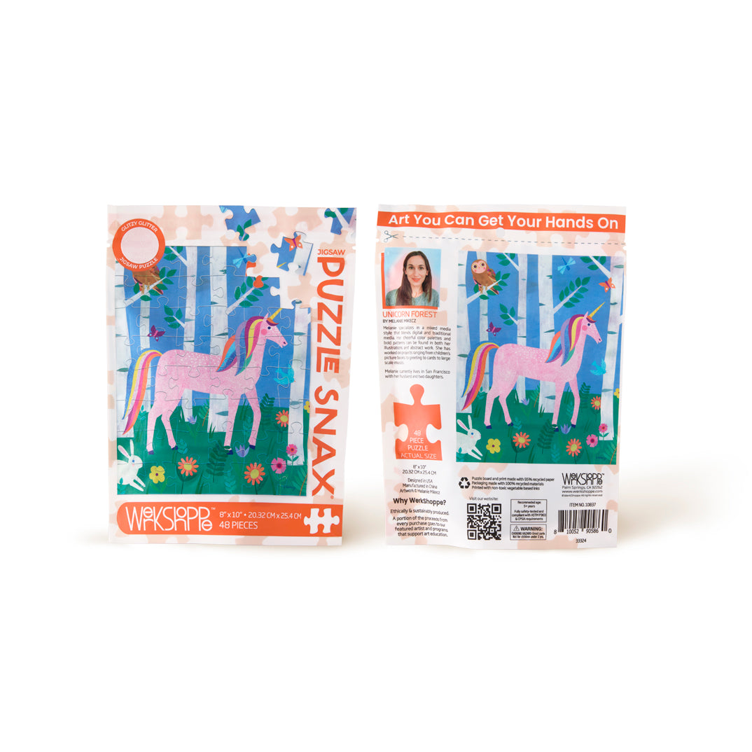 Unicorn Forest 48 Piece Puzzle Snax, art by melanie mikecz, magical unicorn puzzle for kids, travel size puzzles, gifts for kids