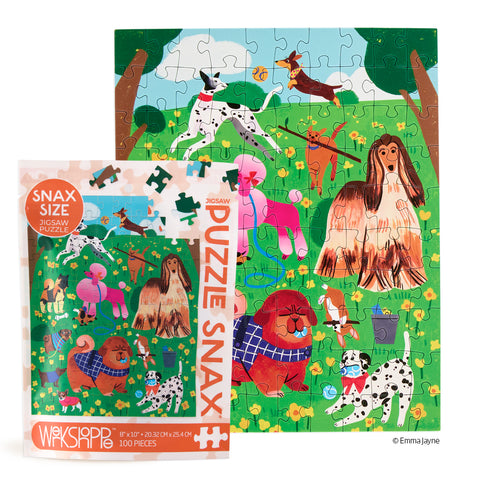 Puppy Park 100 Piece Puzzle Snax, art by emma jayne, puppy puzzle, dog lovers, dogs in a park, kids puzzle