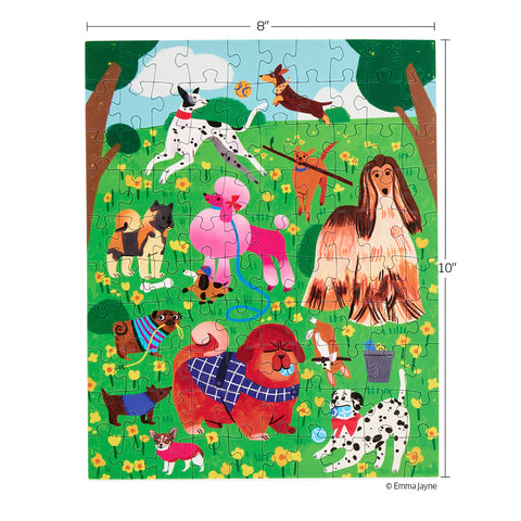 Puppy Park 100 Piece Puzzle Snax, art by emma jayne, puppy puzzle, dog lovers, dogs in a park, kids puzzle