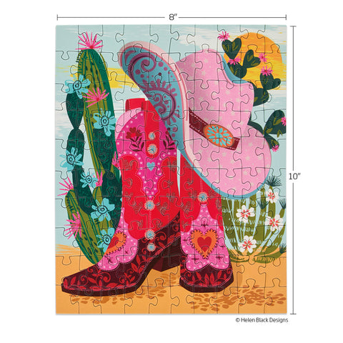 Cowgirl Essentials 100 Piece Puzzle Snax, art by helen black, cowboy hat & boots, desert scene, kids puzzles