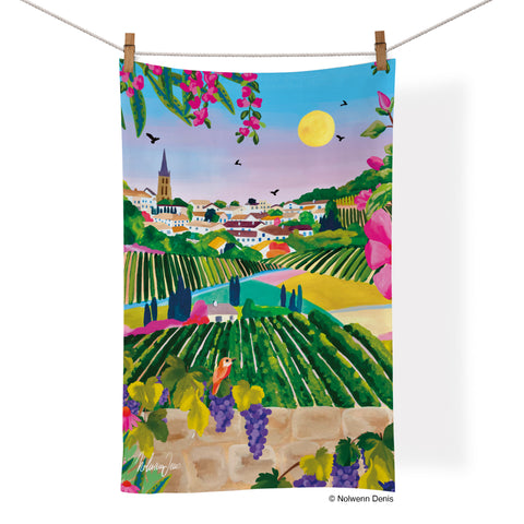 Village Vineyard Cotton Tea Towel, art by Nolwenn Denis, artistic cotton towels, cotton tea towels, kitchen decor, 100% cotton kitchen towel,
where to buy tea towels, tea towels for sale