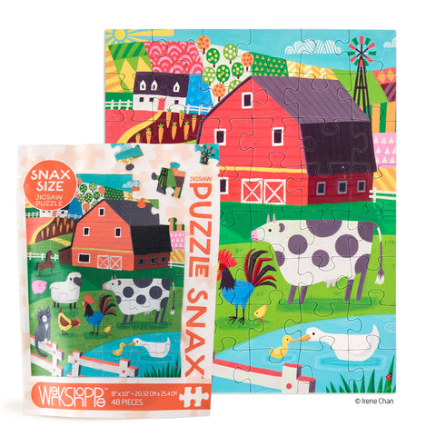 Farm Friends 48 Piece Puzzle Snax, art by Irene chen, cute animals, farm puzzle, travel size puzzles, gifts for kids