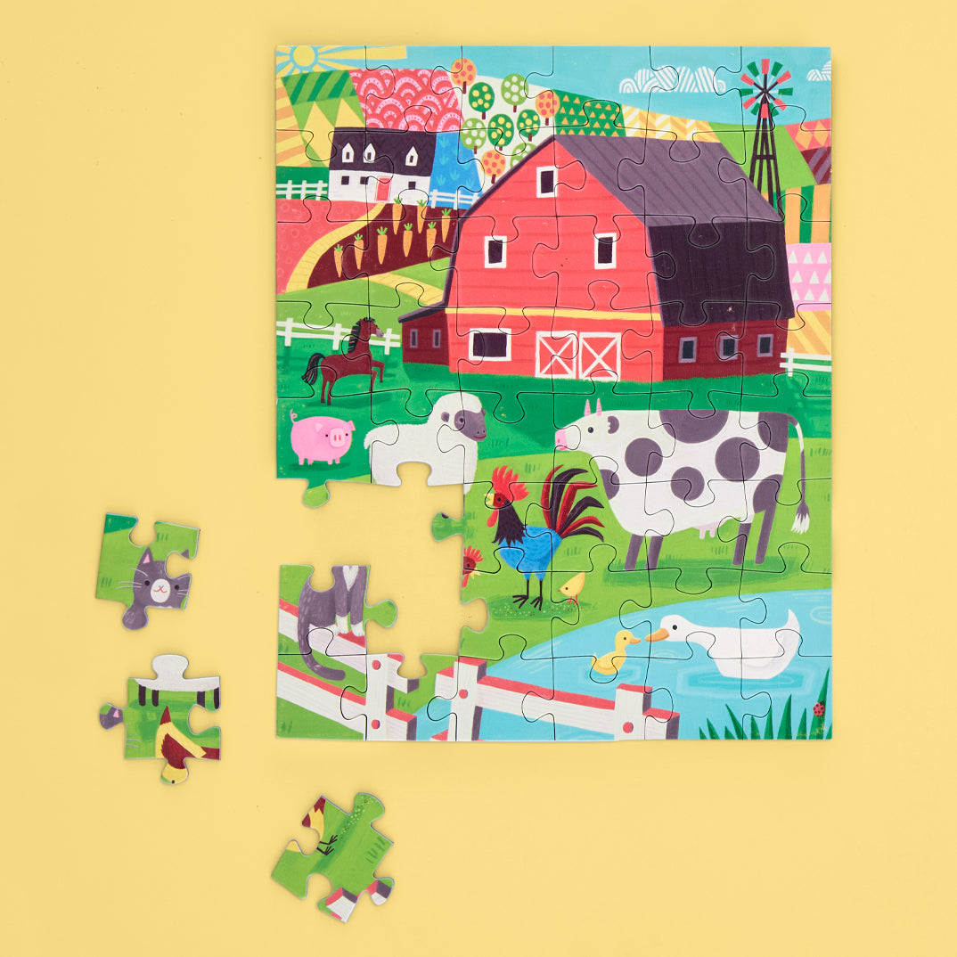 Farm Friends 48 Piece Puzzle Snax, art by Irene chen, cute animals, farm puzzle, travel size puzzles, gifts for kids